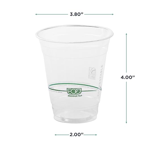 ECO PRODUCTS GreenStripe Clear Compostable 12oz PLA Plastic Cups, Case of 1000, Disposable Renewable Plant-Based Cold Cups, For Cold Drinks & Snacks, BPI Certified, ASTM Compliant.