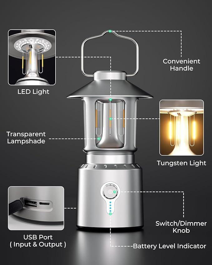 Camping Lantern Rechargeable, Telescopic Camping Light, Waterproof Retro Emergency Lights, Electric Lanterns for Power Outages, Vintage Hurricane Lamp for Tent Outdoor Patio RV Fishing