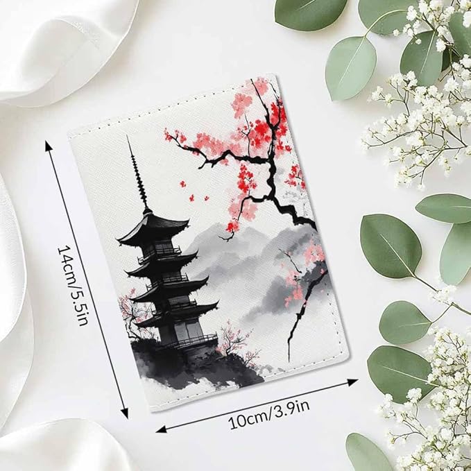 Sakura Branch Passport Holder for Travel Pagoda Traditional Oriental Style PU Leather Passport Cover Wallet Cute Passport Card Holder for Women and Men