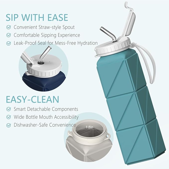 Collapsible Water Bottles 20.6oz 2 Pack, Silicone Foldable Portable Travel Water Bottle, BPA-Free Reusable Leakproof for Travel Camping Hiking Cycling Yoga Sports Outdoor (Black+Blue)