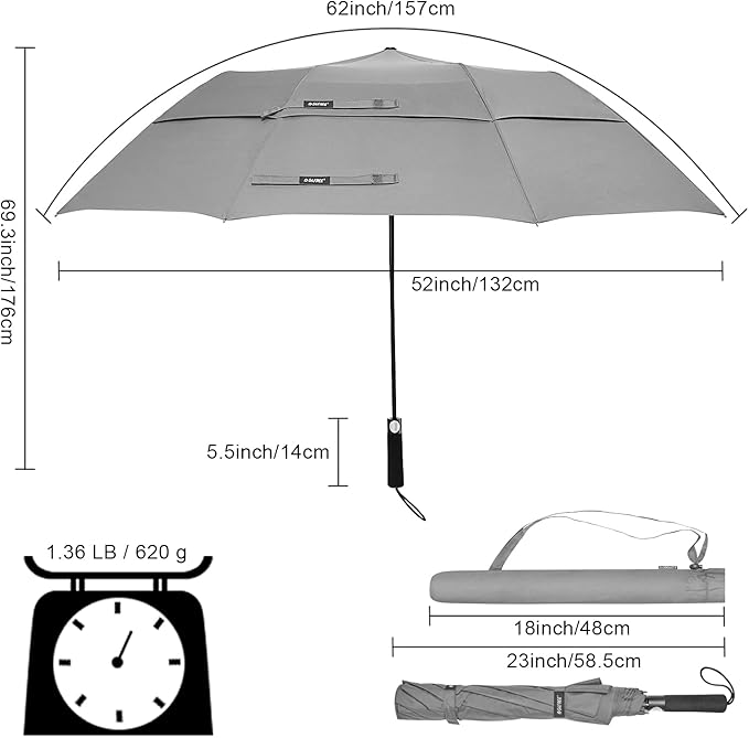 G4Free 62 Inch Portable Golf Umbrella Large Oversize Double Canopy Vented Windproof Waterproof Auto Open Folding Umbrellas(Gray)