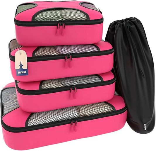 Shacke Premium 5 Packing Cubes Set - Lightweight Mesh Travel Luggage Organizers with Laundry Bag, 5-Piece Suitcase Storage System (Precious Pink)