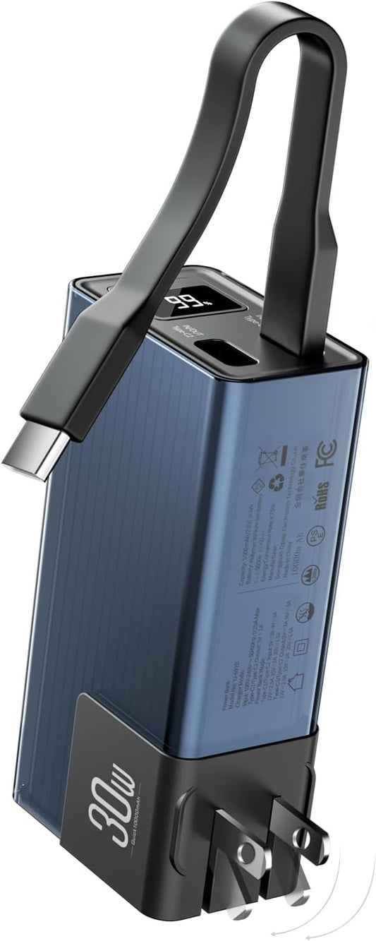 Miady Portable Charger Built-in Foldable Wall Plug, PD 30W 10000mAh Compact Power Bank has USB-C Cable & LED Display, Travel Essential Battery Pack Compatible with iPhone Galaxy Smartphones (Black)