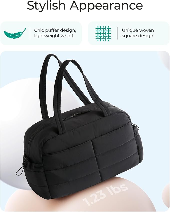 BAGSMART Gym Bag for Women, Lightweight Puffer Duffle Bag 2-PC Travel Bag, 31L Weekender Overnight Bag Quilted Carry On Tote Bag, Diaper Hospital Dance bag for Travel, Gym, Water Resistant, Black