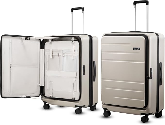 LUGGEX Checked Suitcase Top Opening, FLT Expandable Polycarbonate Hard Shell Suitcase with Wheels (FLO-Lite, Beige, 28 Inch, 105L-115L)