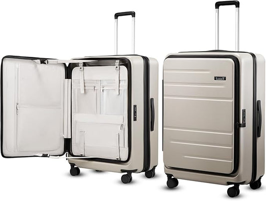 LUGGEX Checked Suitcase Top Opening, FLT Expandable Polycarbonate Hard Shell Suitcase with Wheels (FLO-Lite, Beige, 28 Inch, 105L-115L)