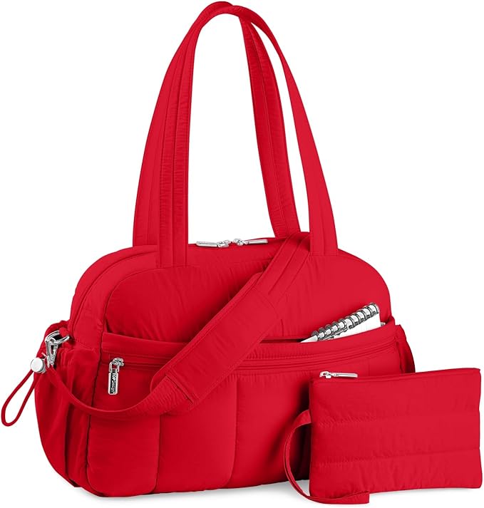 TOPDesign Travel Duffel Bag for Women, Puffer Gym Bag Sports Tote with Wet Pocket, Carry On Weekender with Luggage Sleeve (Red)