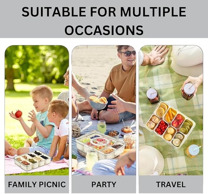 Legend - Divided Serving Tray with Lid and Handle | Snackle Box Container for Fruits, Candy, Charcuterie, Snacks | Portable Snack Tray for Travel, Party & Picnic (8 Compartments)