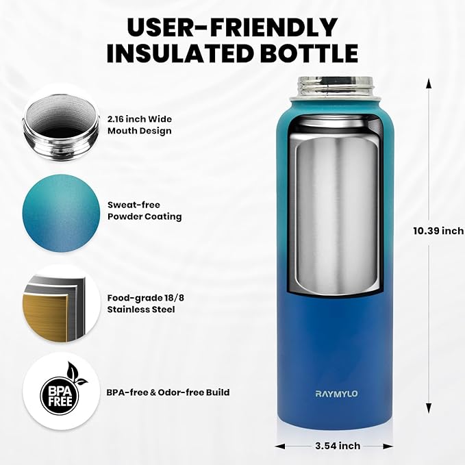 Insulated Water Bottle 40 oz, Triple Wall Vacuum Stainless Steel (Cold for 48 Hrs), Leak Proof & Non-BPA, Modern Water Flask Jug with Paracord Handle & Straw Spout Lids, Cyan Blue