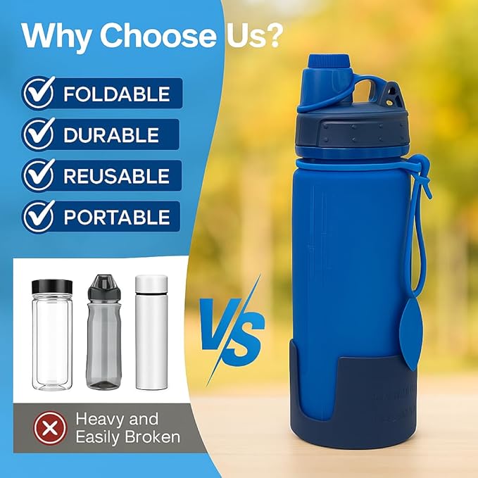 Collapsible Water Bottles Travel Water Bottle Silicone Water Bottle Foldable Lightweight Portable Leakproof & Reusable perfect for Gym Hiking Camping 500ml 17oz - BPA free - (blue)