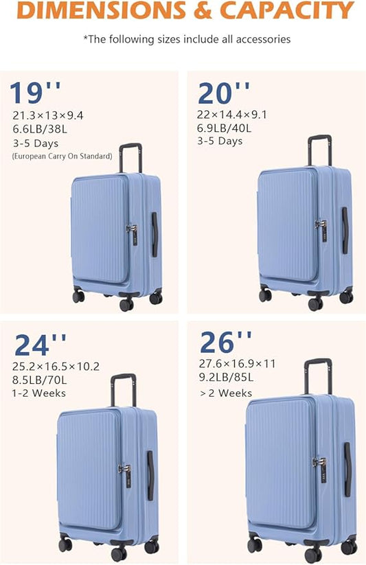 HotWay 26 Inch Expandable Checked Luggage with Cup Holder, Hardside TSA Approved Luggage with Spinner Wheels, Top Opening Suitcase For Travel, Blue