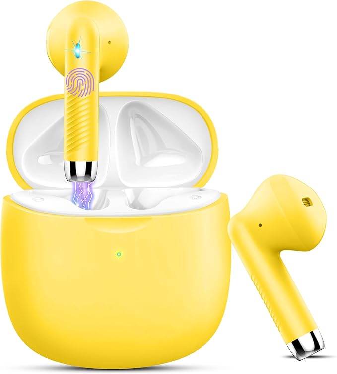 Wireless Earbuds, Bluetooth 5.4 Earbuds Stereo Bass, Bluetooth Headphones in Ear Noise Cancelling Mic, Earphones IP7 Waterproof Sports, 32H Playtime USB C Charging Case Yellow Ear Buds for Android iOS