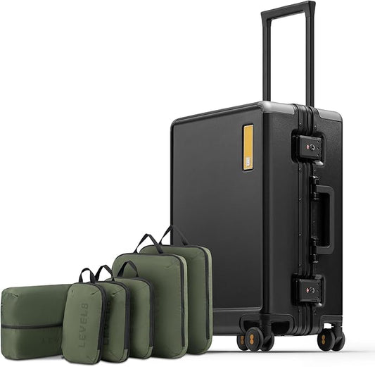 LEVEL8 Zipperless Carry On Suitcase Airline Approved with Aluminum Frame, Hard Shell Luggage with Spinner Wheels, Metal Travel Luggage with Packing Organizers, 20 Inch, Black