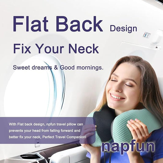 napfun Neck Pillow for Traveling, Upgraded Travel Neck Pillow for Airplane 100% Pure Memory Foam Travel Pillow for Flight Headrest Sleep, Portable Plane Accessories, Striped Turquoise Set