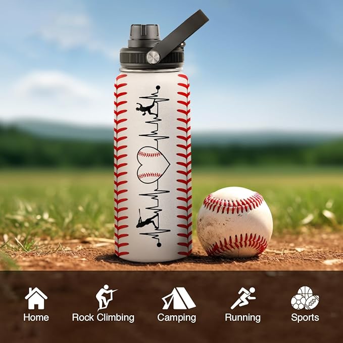Baseball Water Bottle 32oz Stainless Steel Insulated Bottle for Men, Women, Sports Lovers - Baseball Gifts for Birthday, Christmas
