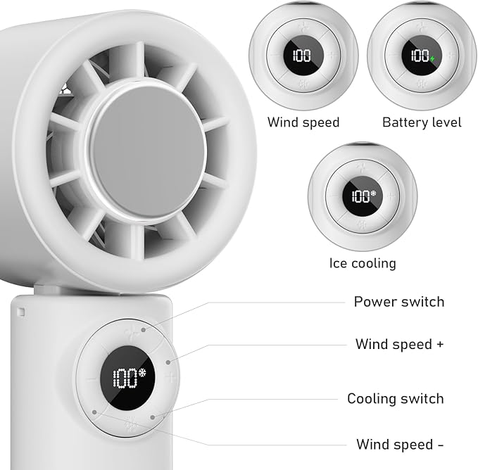CIVPOWER Handheld Fan: Portable Small Ice Cooling Plate- 4000mAh Rechargeable 100 Gear High-Speed Turbo 10500 RPM - Personal Foldable Battery Operated for Travel Indoor Outdoor Women Men (White)
