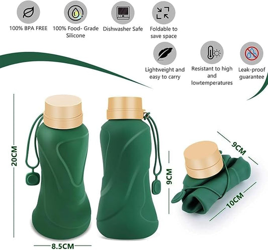 Collapsible Water Bottles,650ml,Leak Proof,Reuseable BPA Free Silicone Foldable Water Bottles,Durable Lightweight for Travel Gym Camping Hiking,Compact Size Portable Sports Water Bottle (Dark Green)