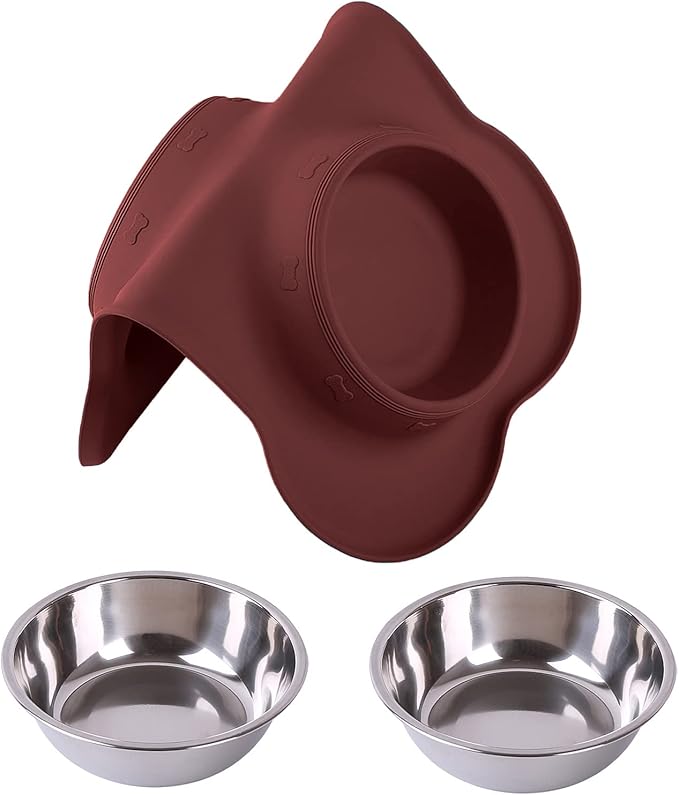 Hubulk Pet Dog Bowls 2 Stainless Steel Dog Bowl with No Spill Non-Skid Silicone Mat + Pet Food Scoop Water and Food Feeder Bowls for Feeding Small Medium Large Dogs Cats Puppies (Large, Burgundy)