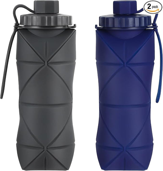 Silicone Collapsible Water Bottles,Lightweight Reusable Leakproof For Traveling Camping Hiking Cycling Sports Outdoor,Foldable Portable Travel Water Bottle 600ML Dark Grey And Dark Blue 2Pack.
