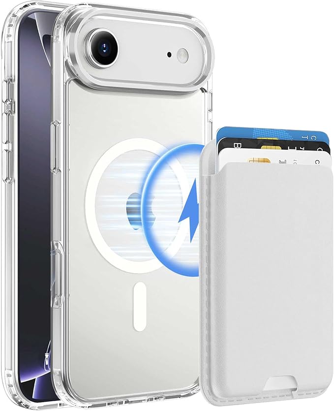 Ntwinro Magnetic for iPhone Air Clear Case (Compatible with MagSafe) with White Detachable Wallet & Card Holder for 3 Cards [RFID Blocking] Military Grade Protective Slim Phone Cover for 17 Air 2025