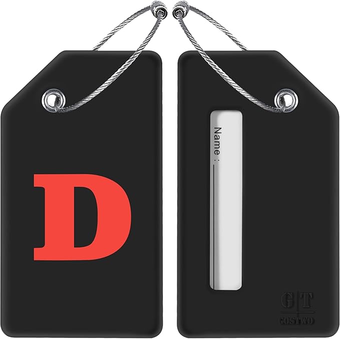 Gostwo 2 Pack Silicone Luggage Tags for Suitcases, 26 Initial Letter Baggage Labels Handbag School Bag Suitcase Instrument Tag with Stainless Steel Loop(Black)(Letter D)