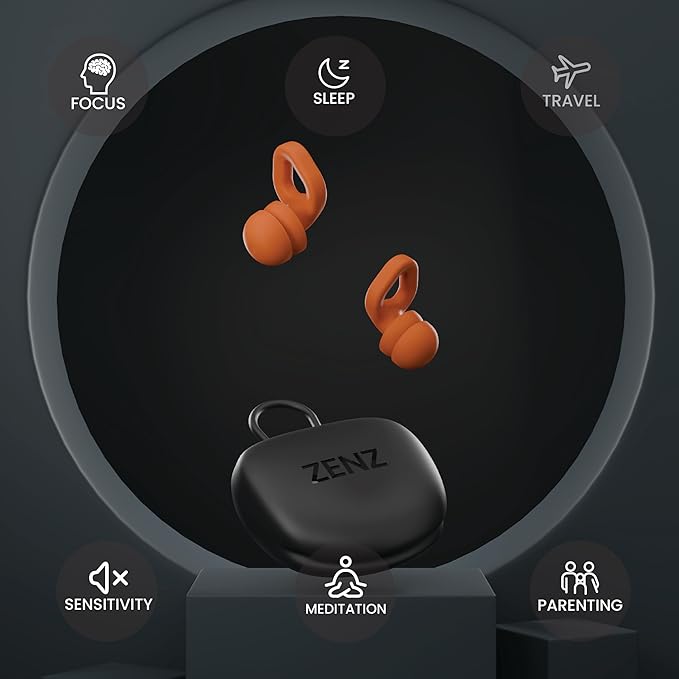 Zenz Unwind Pro Ear Plugs for Sleeping Noise Reduction – Soft Silicone Reusable Earplugs for Sleep, Focus & Work – 35dB Noise Reduction with Storage Case – XS/S/M/L Eartips (Blaze Orange, One Size)