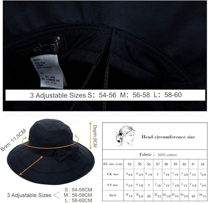 Comhats Packable Summer Cotton Sun Hat Bucket for Women UV Protection Wide Brim Beach Gardening Travel 54-64CM