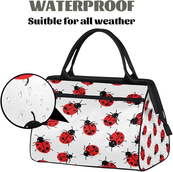 Large Travel Duffle Bag for Women Men,Waterproof Weekender Overnight Bag Carry on Tote Bags for Gym Sport Business Trip,Ladybug On White Duffel Bags