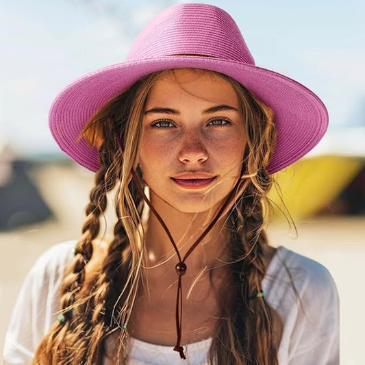 DRESHOW Women Straw Panama Hat Travel Fedora Beach Sun Hat Summer Wide Brim Straw Roll up Hat UPF 50+