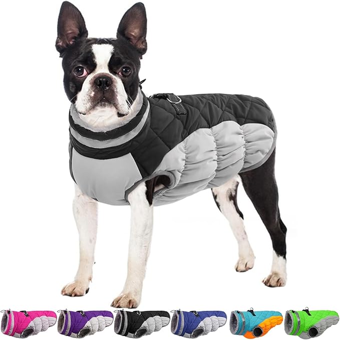 OUOBOB Dog Jackets for Medium Dogs,Medium Dog Coat,Warm Pet Winter Coat Zip Up Back,Waterproof Dogs Jacket with D-Ring,Pet Cold Weather Coats with Fleece Lined, Snowsuit Pug Boston Terrier,Black,M