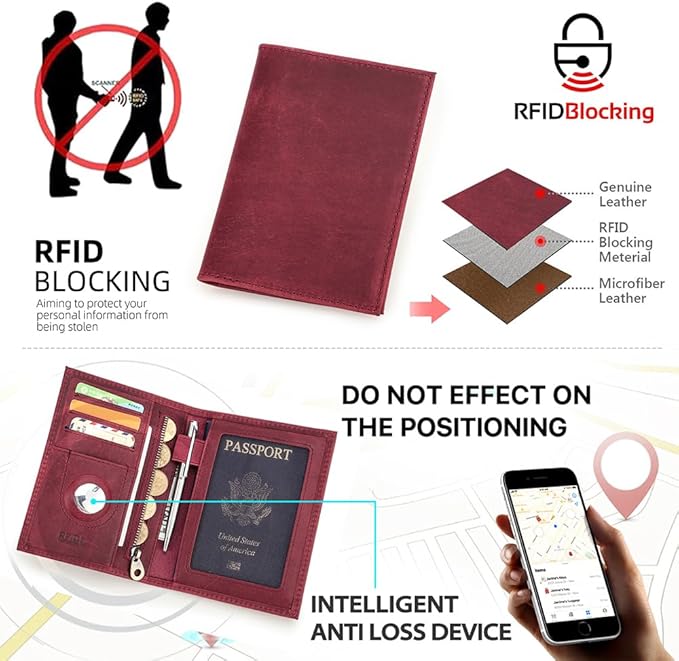 CONTACTS Full Grain Leather Airtag Passport Holder RFID Blocking Travel Passport Wallet Slim Passport Cover Case with 4 Cards Slots, Coin Pocket (Wine Red)