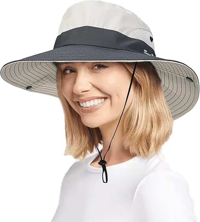 Women's Outdoor UV-Protection-Foldable Sun-Hats Mesh Wide-Brim Beach Fishing Hat with Ponytail-Hole