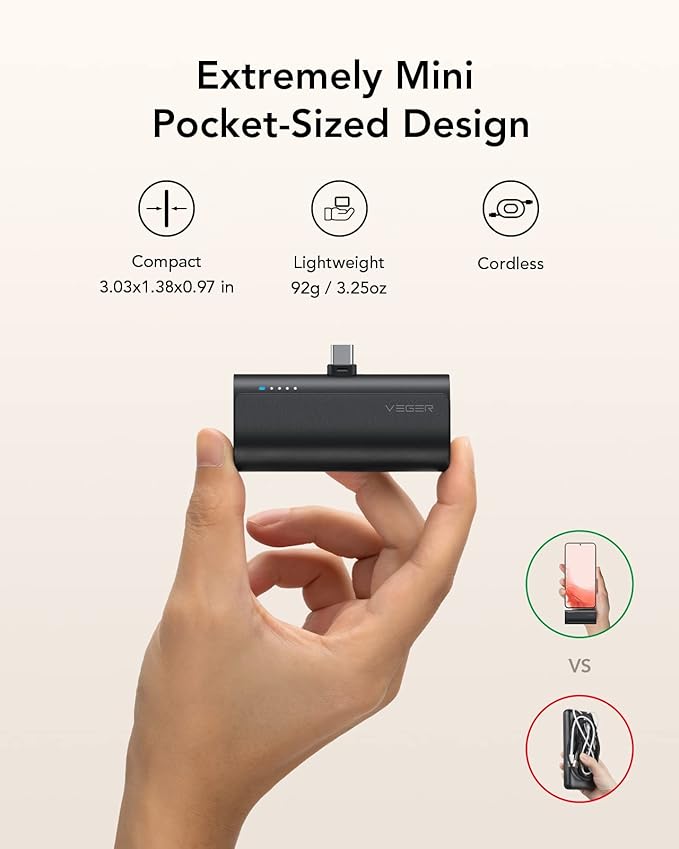 VEGER 2 Packs of Small USB C Portable Chargers, 5000mAh Power Bank Fast Charge Travel Essentials Battery Pack Compatible for iPhone 17/Air/17 Pro/17 Pro Max, Samsung Galaxy S25/S24/Android