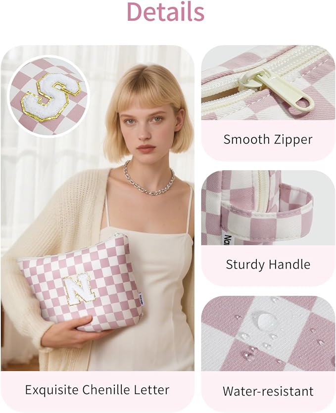 Narwey 2 Piece Personalized Initial Makeup Bag Checkered Cosmetic Bags, 6 8 10 11 12 13 14 16 18 Years Old Teen Girl Gifts Trendy Stuff Birthday Gifts for Women, Travel Toiletry Bag (Pink Letter N)