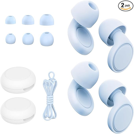 2 Pairs Ear Plugs for Sleeping, Soft Full Silicone Ear Plugs for Noise Reduction 25dB, Reusable Hearing Protection Earplugs for Concert, Focus, Travel, 8 Ear Tips in S/M/L - Blue