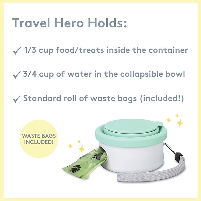 Sweet Paws Travel Hero 3-in-1 Portable Pet Food Container, Silicone Water Bowl, and Poop Bag Dispenser in One, Sea Glass