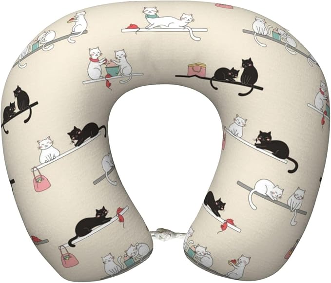 Memory Foam Airplane Pillow Cute Black and White Cat for Car Chin Head Neck Supporting, U Shape Pillows Travel Cushion for Office, Nap Sleeping