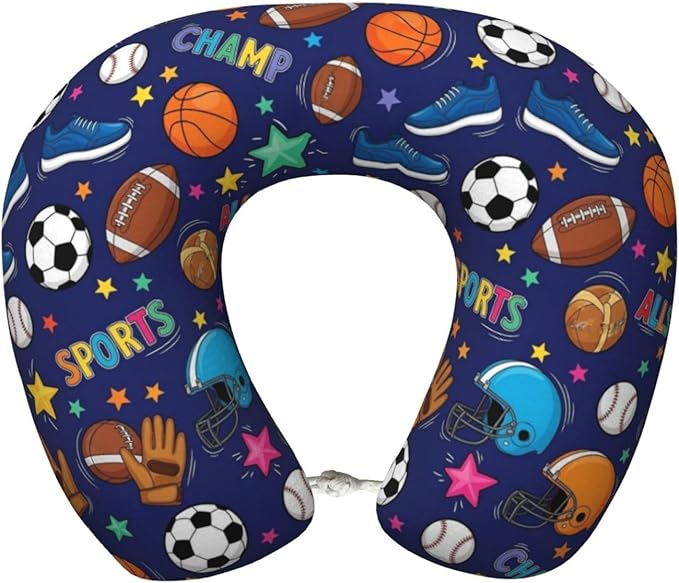 Travel Neck Pillow for Pain Relief Sleeping, Ice Hockey Ball Soccer Basketball Baseball Football Sport, Memory Foam Chin Head Cushion Support with Zip Cover, Fashion Car Flight Pillows