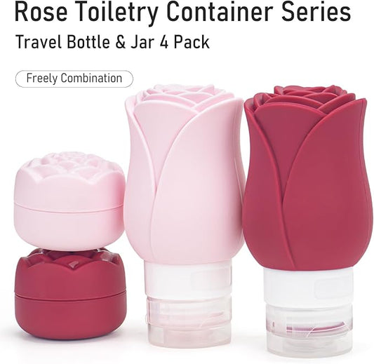 Travel Containers Bottle for Toiletry 4 Pack 3oz Leakproof TSA Approved & Refillable Mini Cream Jars, Silicone Squeeze Tube Rose Bottles for Shampoo Lotion Body Wash BPA Free +Bag, Red Pink Rose