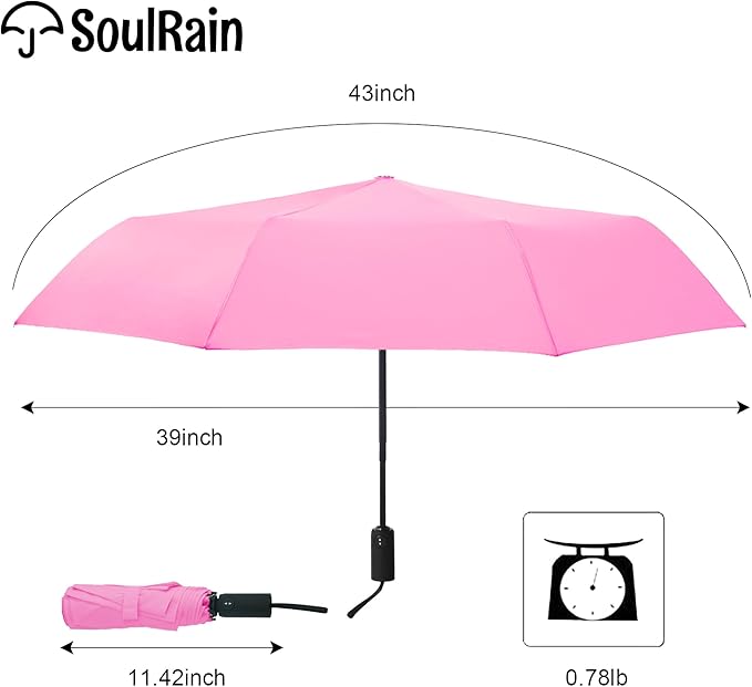SoulRain Travel Umbrella - Compact Umbrella for Rain - Perfect Large Auto Folding Umbrella - Ideal Car umbrella, Small umbrella, and Travel Companion
