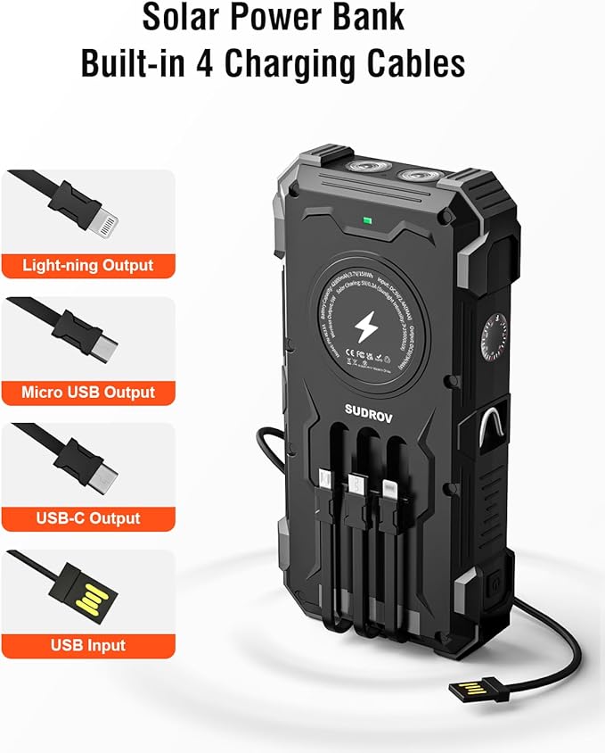 Solar Charger Power Bank, 42800mAh Wireless Portable Charger with USB-C in/Output, QC3.0 Fast Charging 15W 4 Ports Outdoor Battery Pack Built-in Dual Led Flashlights for iPhone Samsung etc