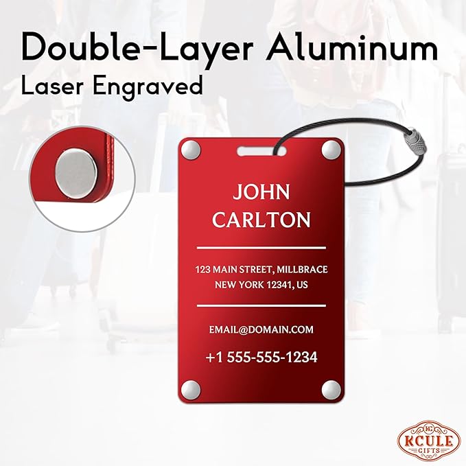 Personalized Luggage Tags for Suitcases - Aluminum Custom Luggage Tags for Backpacks & Bags, Sturdy, Waterproof & Heavy Duty (Red/Card-Sized) (SleekBarRed)