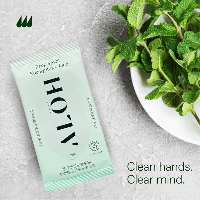 ALŌH Peppermint Eucalyptus Sanitizing Hand Wipes - Clean Hands, Clear Mind On The Go Sanitizer for Kids and Adults - Travel Size 6 packs of 20ct Wipe (120 Wipes)