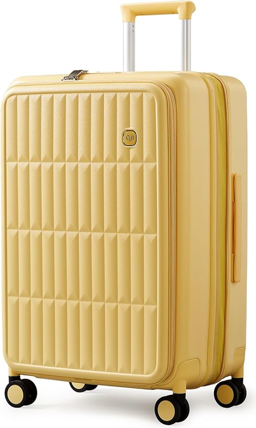 aji Expandable Top Open 24 Inch Checked Luggage with Spinner Wheels, Large Suitcase with TSA Lock, Hardside Travel Luggage Suitcases for Men Women, for 14+Days Travel, Cheese Yellow