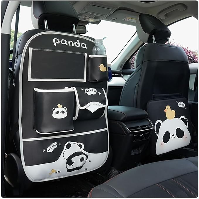 YUNZLAN Cute Panda Leather Car Backseat Organizer 1 Pack Car Seat Back Protectors with Clear 10" Tablet Holder + 4 Storage Pockets