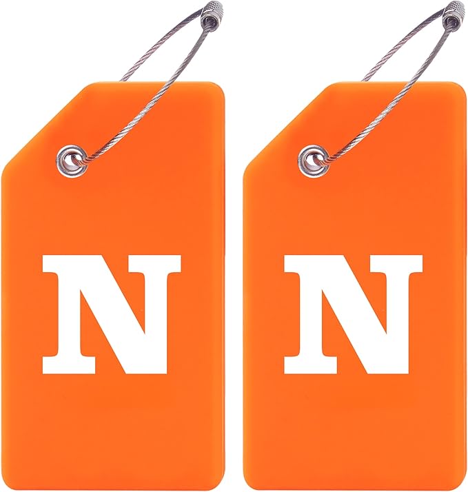 Gostwo 2 Pack Silicone Luggage Tags for Suitcases, 26 Initial Letter Baggage Labels Handbag School Bag Suitcase Instrument Tag with Stainless Steel Loop(Orange)(Letter N)