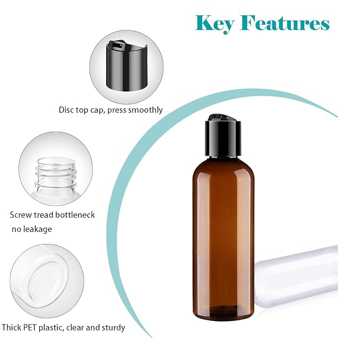 Toiletry Travel Bottles, 4Pack 3.4oz/100ml - Squeezable Plastic Containers with Flip Caps - Refillable Cosmetic Kit for Shampoo, Conditioner, Lotion, and Travel Essential- Brown