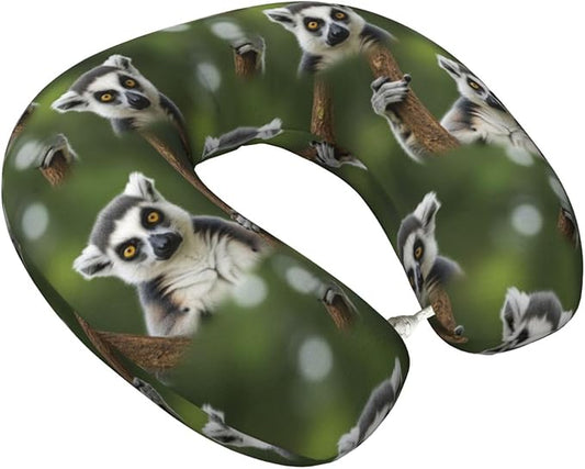 Comfortable Memory Foam Neck Pillow Lemur, Travel U Shaped Airplane/Car/Flight Pillows with Removable Zipper Cover, Chin Head Neck Support Cushion