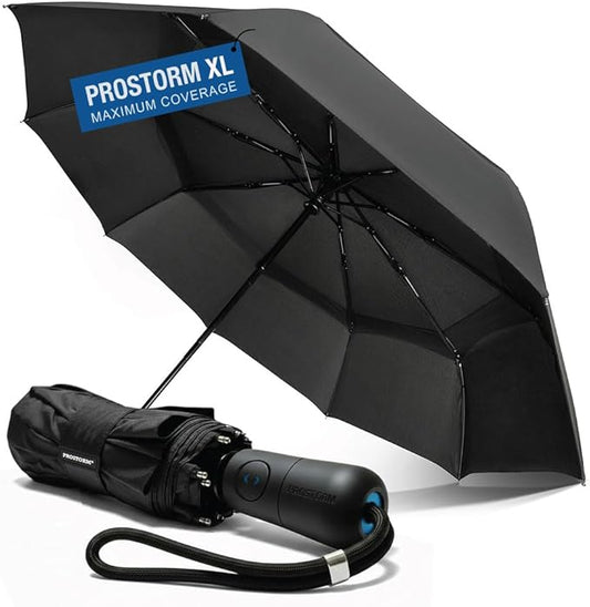 Vented Travel Umbrella | Strong Compact Windproof Umbrella | Deep Dome Coverage | Auto Open/Close | Portable Pop Up with Large Coverage | Fits Car & Backpack