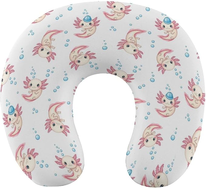 Funny Travel Neck Pillow Memory Foam U Shaped Cushion Cute Adorable Axolotl White, Washable Cover for Men Women Teens Airplane Car Sleep